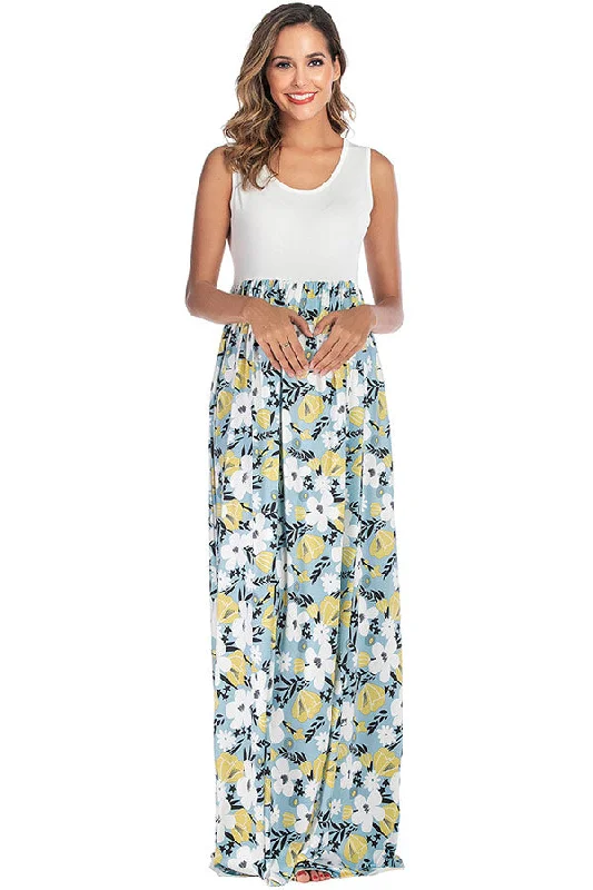 Floral Sleeveless Two-tone Long Maternity Dress