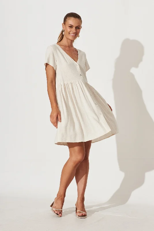 Horizon Smock Dress In Oatmeal Linen Blend