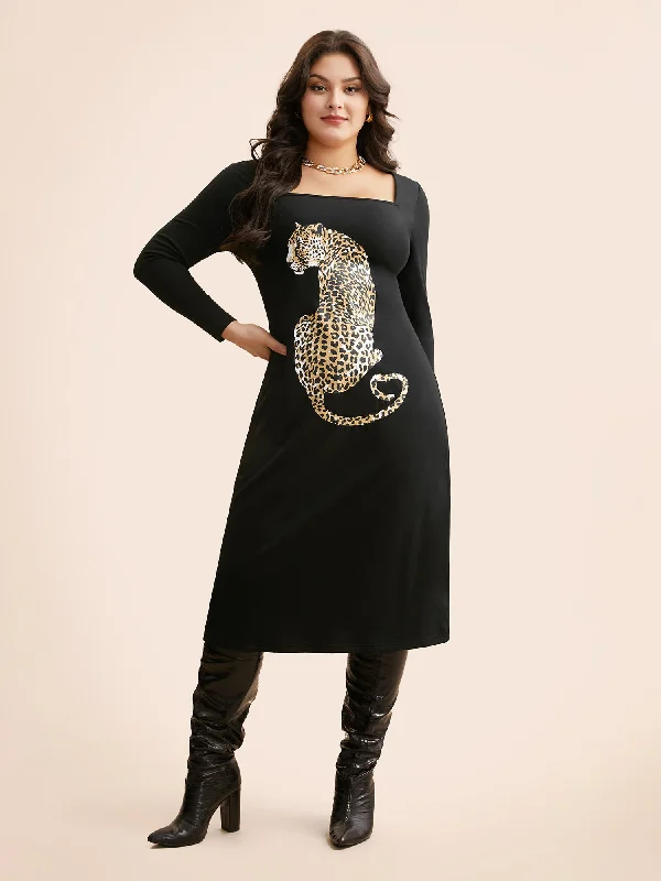 Leopard Print Square Neck Tie Knot Dress