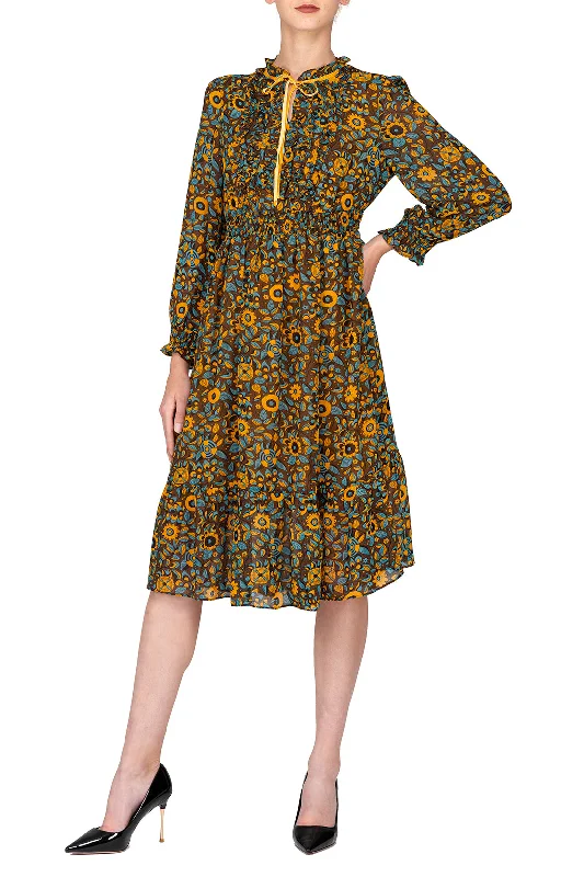 SCANDINAVIA-Long Sleeve Elastic Waist Fit & Flare Dress