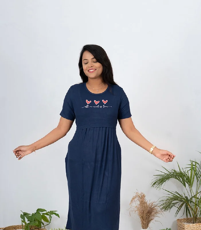 Maxi Navy Heart Dress Ribbed light weight(  faded line in the dress so sold at 399₹ )