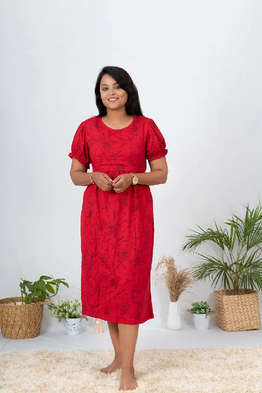 Midi Red Floral Dress light weight