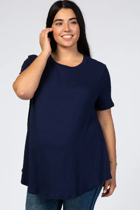 Navy Blue Round Hem Short Sleeve Maternity Plus Top