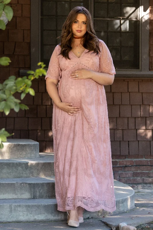 PinkBlush Light Pink Lace Mesh Overlay Plus Maternity Maxi Dress