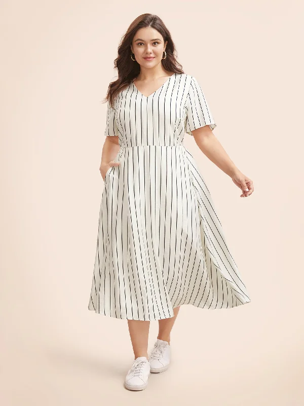 Striped V Neck Pocket Midi Dress