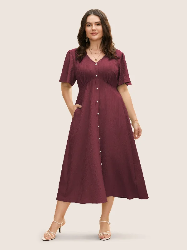 V Neck Button Detail Flutter Sleeve Dress